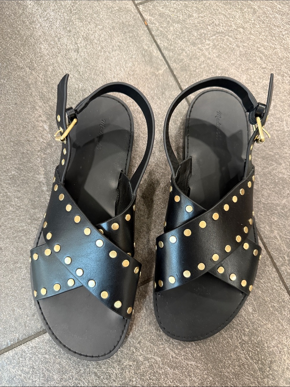 Black Studded Leather Cross-Strap Sandals